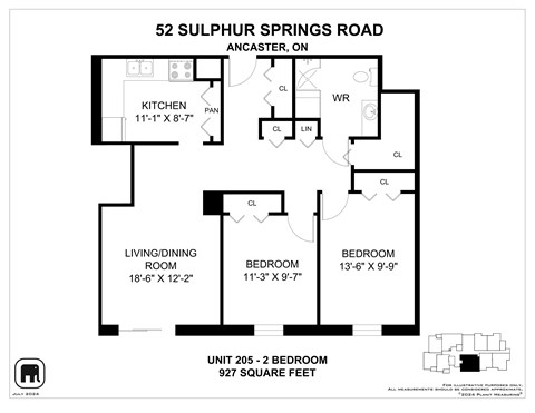 A floor plan for a 927 square feet unit with a living/dining room, kitchen, and two bedrooms.